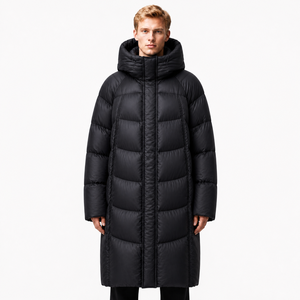 Manteau long à capuche unisexe pour homme, noir uni, imperméable, en polyester épais, coupe droite - Product Image 1