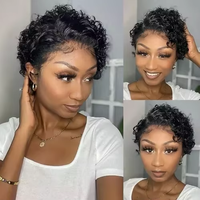 Letsfly Perruque Courte Elfe Pas Chère 13x1 Lace Front T-Part Coupe Elfe Cheveux Humains Bob 180% Densité Perruque Cheveux Bouclés Elfe