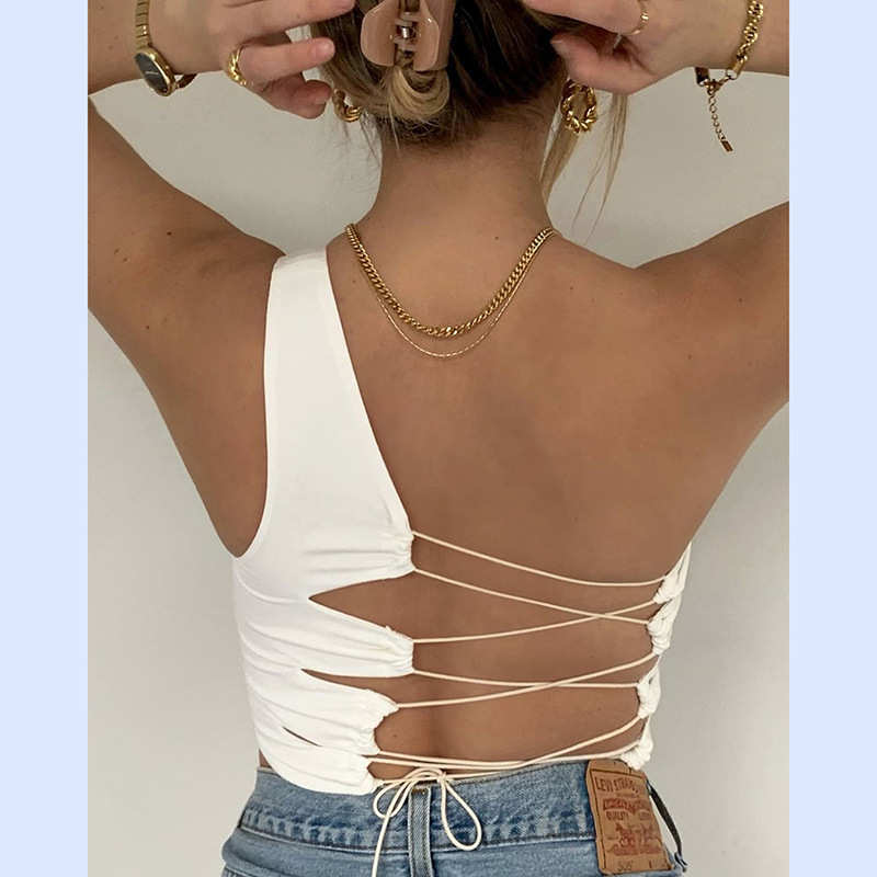 Mulheres Verão Desgaste Do Clube Do Partido de Um Ombro Camisola Tops de Culturas Feminino Fino Colete Macio Sexy Lace Up Backless Parte Superior Do Tanque