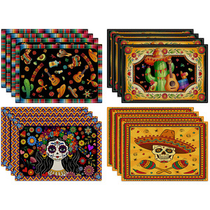 Decoración <span class=keywords><strong>de</strong></span> restaurante <span class=keywords><strong>Día</strong></span> mexicano <span class=keywords><strong>de</strong></span> los muertos Dibujos animados Color Rectangular Lino Aislamiento Pad Mantel estampado a rayas - Product Image 6