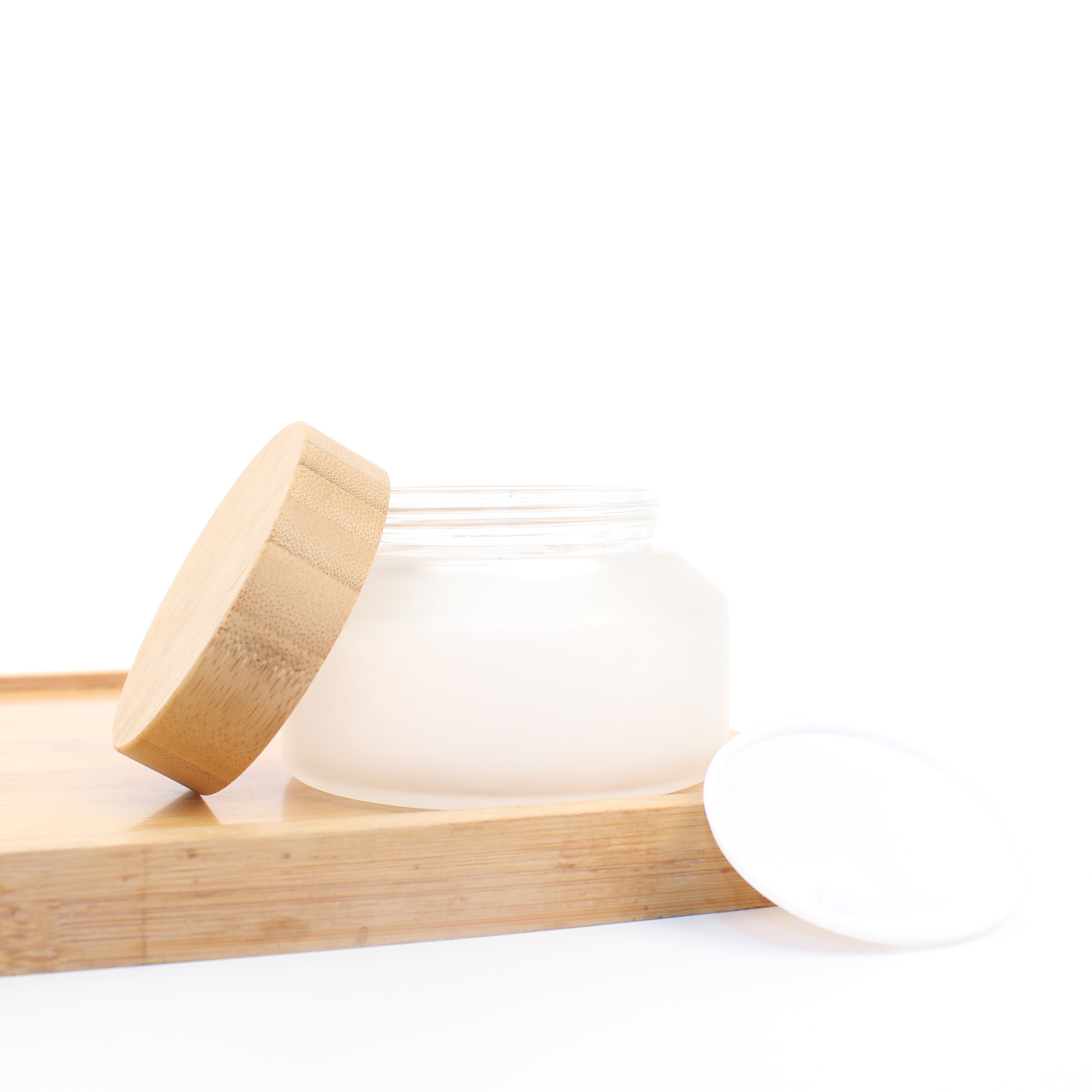 cosmetic jar clear glass walnut lid