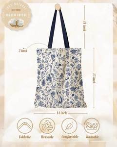 Simple Style Natural Cotton Canvas <b>Tote</b> <b>Bag</b> with <b>Blue</b> Shoulder Handle Pattern Custom Logo Digital Print for Women - Product Image 2