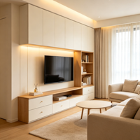 Meuble TV moderne en chêne anthracite avec porte vitrée et LED dorées pour projets de personnalisation de salons de style contemporain