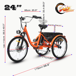 Tricycle 24 pouces en acier au carbone, 3 roues, 7 vitesses, frein à disque avant, panier de chargement arrière, batterie lithium 36V, pour adultes, usage shopping - Product Image 1