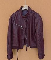 Blouson Bomber Femme Vintage Automne en Cuir Véritable à Carreaux, Ourlet Côtelé, Tissé à la Main, Style Décontracté