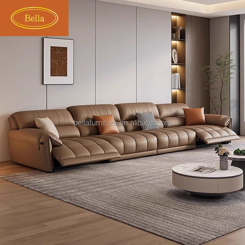 Modern Minimalist Luxury Genuine Leather Recliner Sofa Set Functional Furniture With Wood Frame For Living Room