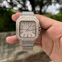 Montre automatique entièrement sertie de diamants, de haute qualité, en acier inoxydable plaqué or 18 carats, avec un cadran carré en moissanite, pour hommes