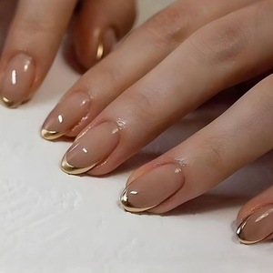24 <span class=keywords><strong>Uñas</strong></span> Postizas Doradas Estilo Francés, Hechas a Mano, Acrílicas, Cobertura Total, para Uso Diario en Salón - Product Image 5