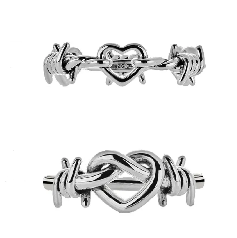 Slovehoony S925 Sterling Silver Hartly Love Knot Ring Hearts And Barbed Wire Band Ring High Quality Handmade Rings