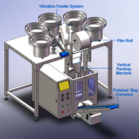 Machine de comptage, remplissage, scellage et emballage à 5 vibro-bacs pour rondelles en plastique, joints toriques en caoutchouc et joints d'étanchéité