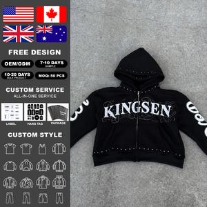 เสื้อฮู้ดดี้ผู้ชายแบบหนาพิเศษ 400gsm สไตล์สตรีทแวร์ ล้างสีแบบแอซิดวอช ซันเฟด ดีไซน์ขาดๆ ทรงบ็อกซี่ ครอป แต่งคริสตัล ซิปหน้า - Product Image 2