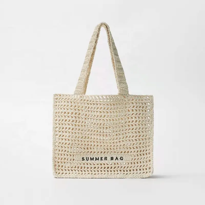 2023 Custom embroidery logo eco casual handmade lady shoulder handbag tote bags hollow out cotton crochet women summer beach bag