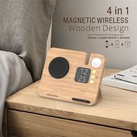 Nouveautés 2025 - Station de charge sans fil magnétique multifonctionnelle en bambou/bois 3 en 1, PD 10W, charge rapide, port Type-C 5V/1A