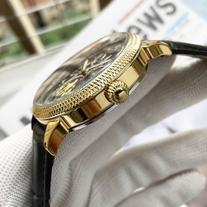 Artisan Luxury Men <b>Skeleton</b> Moon Phase <b>Watch</b> Gold Textured Bezel Leather Strap Bespoke OEM Wholesale - Product Image 4