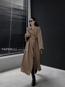 Abrigo de Gabardina Largo de Alta Calidad para Mujer, Color Sólido Otoñal, Talla Grande, Color Caqui, Doble Botonadura, con Cinturón, para Oficina - Product Image 2