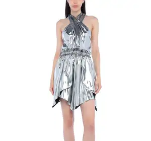 2024 Backless Ladies Dresses Casual Sexy Woman Summer Dress Bright silver Jersey Sweet Cute A-Line Flare Mini Dresses