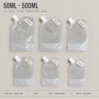 Pack d'échantillons de pochettes transparentes à bec verseur pour liquides, 50ml 100ml 250ml, format voyage, rechargeables, avec bouchon à vis, impression personnalisée