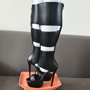 Summer Peep Toe <b>Knee</b> <b>High</b> Boots Women's Back Zipper Sandals Big Size 47 Shoes <b>High</b> Slim Heels Cut Out Long Booties - Product Image 6
