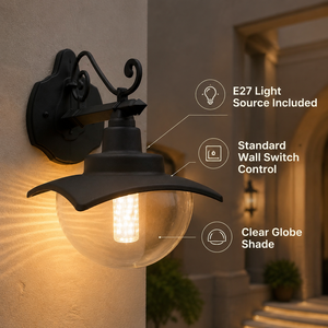 IP65 Waterproof Outdoor Wall Sconce Iron E27 Clear <b>Globe</b> Shade Matte Black Curved Arm For Garden Porch Wall Mounted - Product Image 4