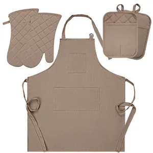 5 piece set khaki Kitchen accessories waterproof cotton apron cotton two Anti scalding oven gloves silicone two pot holder