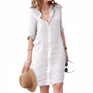 Vestido Camisero de Lino y Algodón de Verano para Mujer, Talla Grande, Largo Medio, con Botones, Manga Media, Cuello Solapa, Estilo Casual - Product Image 1