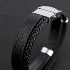 Hot Selling Blank <strong>Bracelet</strong> Custom Engrave Logo Simple Adjustable Stainless Steel Black Pu Leather Wrap Woven <strong>Bracelet</strong> for <strong>Men</strong> - Product Image 5