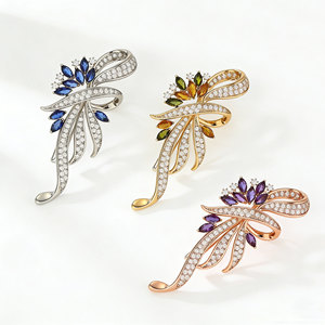 Broche en ruban plaqué argent de haute qualité avec zircone cubique (CZ, non diamant) bleue marquise, vente en gros - Product Image 4