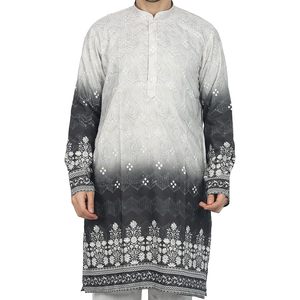 เสื้อคุर्ตาผู้ชายผ้าฝ้ายสีขาวดำลายไล่เฉดสี ยี่ห้อ Triloki พร้อมระบบตรวจจับเข็ม สำหรับสวมใส่ในเทศกาล Diwali - Product Image 5