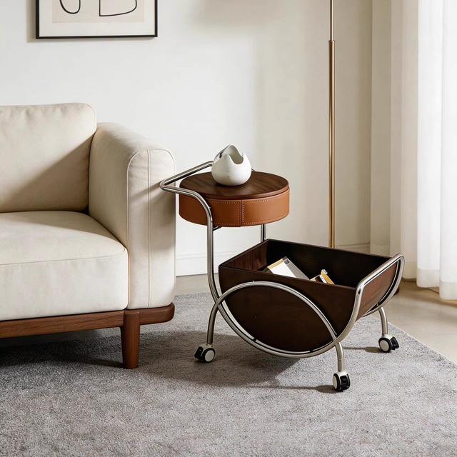 Vintage Rolling Side Table with Storage Basket Wooden Coffee Table with Wheels Mid-Century Modern Sofa Side Cart Living Room