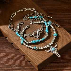 European American Retro Creative Turquoise Cow Head Fragmented <b>Anklet</b> Western Cowboy Style Multi-Style <b>Fashion</b> Diamond Alloy - Product Image 2