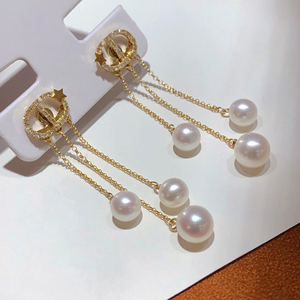 <span class=keywords><strong>Pendientes</strong></span> colgantes desmontables con borlas <span class=keywords><strong>y</strong></span> <span class=keywords><strong>perlas</strong></span> <span class=keywords><strong>de</strong></span> agua dulce, 18K, borlas doradas, 0.12ct VS, diamante - Product Image 1