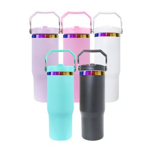 แก้วน้ำพกพาแบบมีหลอดดูดพับได้ ขนาด 30 ออนซ์ สีชมพูร้อน ลายรุ้งเคลือบเลเซอร์ สำหรับงานซับลิเมชั่น - Product Image 2