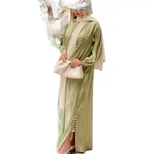 谦虚的穆斯林时尚Fil Lumiere缎面丝绸连衣裙泡泡珠纯色套装两件套