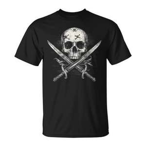 Camiseta con diseño de espada pirata, calavera y huesos entrelazados, disfraz de Halloween, color negro, talla mediana para hombre - Product Image 1