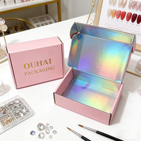 Boîtes d'expédition pliables en carton ondulé rose clair personnalisées avec doublure intérieure holographique, logo imprimé, emballage écologique pour cosmétiques