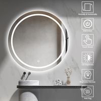 Espejo de Baño Redondo Iluminado con Certificación CE, Anillo Frontal Esmerilado, Retroiluminación de 3 Colores Regulable, Desempañador, Sensor Táctil