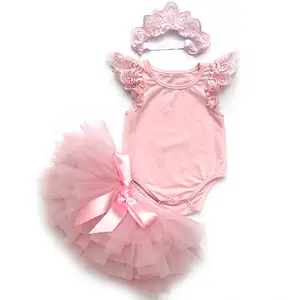 Yeni tasarım pembe çarpıntı bebek kız giyim tül tutu etek seti prenses kafa bandı
