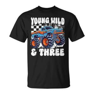 T-shirt Young Wild And Three Monster Truck pour le 3e anniversaire des enfants de 3 ans - Product Image 1