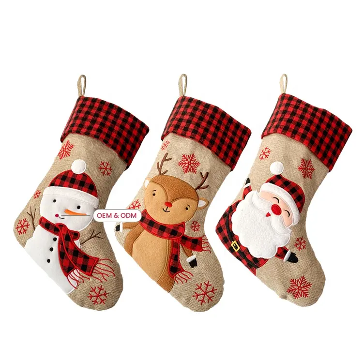 Tùy chỉnh bán buôn Xmas cây lò sưởi nai sừng tấm Claus Snowman Túi Quà Tặng Linen kiểm tra kẻ sọc giáng sinh vui vẻ Vớ thiết lập cho Thêu