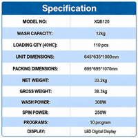 12kg Electric Automatic Top Loading Plastic Single Tub All-In-One Washer Dryer Commercial Household Hotel Use