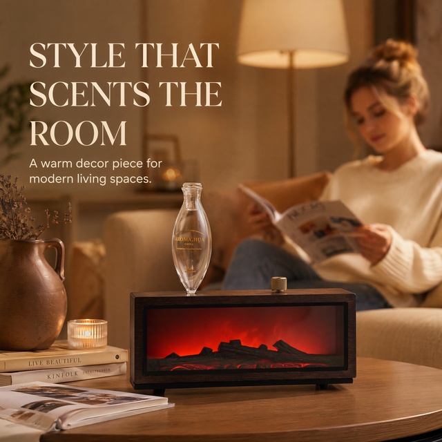 Real Wood Aroma Diffuser Essential Oil Nebulizer Simulation Fireplace Scent Machine for Bedroom Spa Office