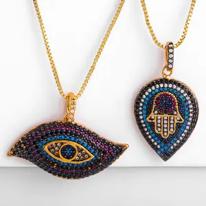 Men Jewelry Wholesale Black Cubic Zircon Crystal Hamsa Evil Eye Rainbow Pendant Necklace For Party Gift