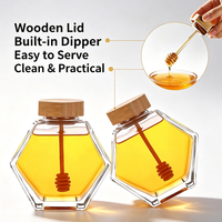 Pot à miel hexagonal en verre personnalisé avec couvercle en bois et cuillère à miel, récipient transparent pour miel 100ml 220ml 380ml