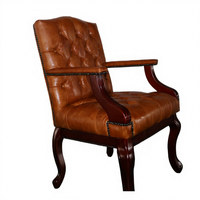 Chaise de salle à manger/salon intérieure en cuir véritable brun vintage du milieu du siècle, en bois massif, capitonnée, sur mesure