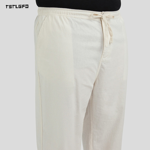 Pantalon décontracté d'été pour homme grande taille en mélange de lin, taille élastique avec cordon de serrage, coupe décontractée, jambe droite - Product Image 2