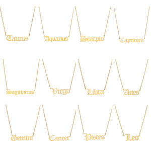 18K Plaqué Or En Acier Inoxydable Étanche Horoscope Pendentif Ancienne Lettre Anglaise Plaque Signalétique Bijoux 12 Signe Du Zodiaque Collier - Product Image 2