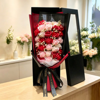 Cadeau pour la Saint-Valentin, bouquet de 33 roses en savon, boîte cadeau de luxe avec fenêtre noire imprimée UV, guirlande lumineuse LED, 5 couleurs, fabrication en usine