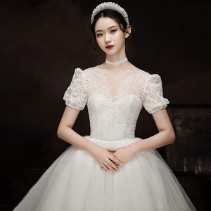 Lace Wedding Dress V-Neck Short Sleeve Princess Waistline Vintage Style for Women - Product Image 1