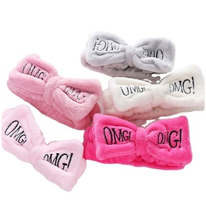 Wholesales Girls Cute <strong>Face</strong> <strong>Washing</strong> Plush Hairband OMG Letters Bow Coral Fleece <strong>Headband</strong> - Product Image 1