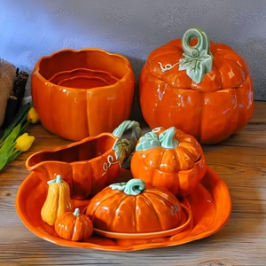 Arancione unico in ceramica ciotola zuppa di zucca con coperchio di Halloween piatto di zucca e barattolo - Product Image 3